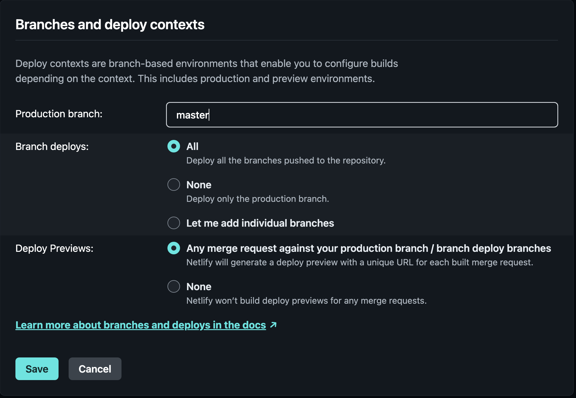 Screenshot showing the settings for branch-based deployment